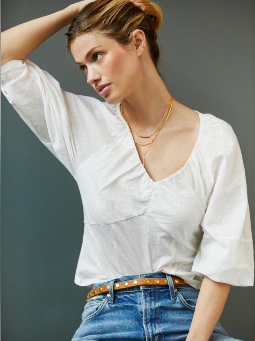 Anthropologie Ruched V Neck Blouse Balloon Sleeve White Cottagecore Minimalist